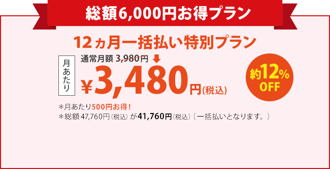 お得な12ヵ月一括払いプラン￥41,760円(税込)